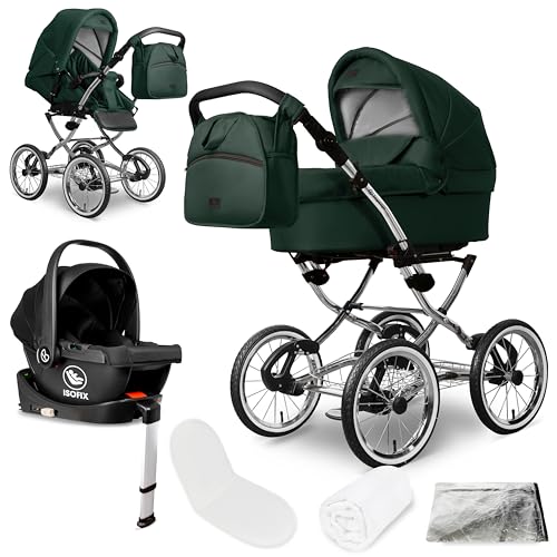 Bergsteiger Venedig Nostalgie Kombikinderwagen 4-in-1 – Babywanne, Sportsitz, i-Size Babyschale & Isofix-Station, Luftreifen, höhenverstellbar, faltbar, Zubehör
