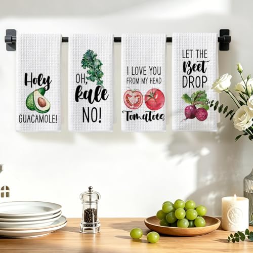 Image of 4Pcs Funny Vegetable Kitchen Towels 24x14 Inch, Tomato Avocado Carrot Decor Microfiber Reusable Tea Towels for Bathroom Farmhouse, Durable Waffle Dish Drying Towel, Housewarming Gifts for Women Mom