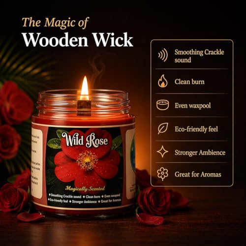 Image of Wild Rose Scented Candle, 142 g Pure Glass Jar with Wooden Wick, Romantic Floral Fragrance, Long-Lasting Burn, for Home Decor & Relaxation