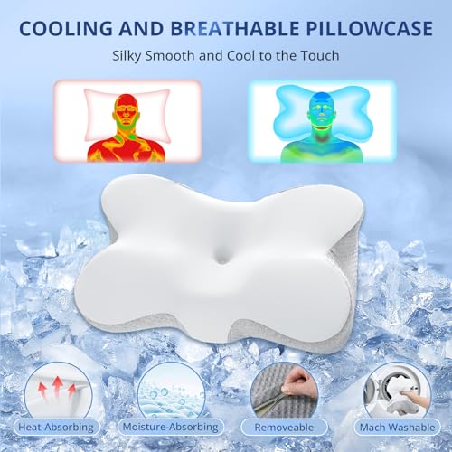 JOLLYVOGUE Cervical Neck Pillow for Pain Relief Memory Foam Side Sleeper Pillow with Cooling Pillowcase, Ergonomic Design for Back Stomach Sleepers, Medium, White