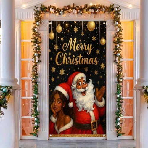 Image of BlissYard Christmas Door Cover Santa Ornaments 35x71 Inch Polyester