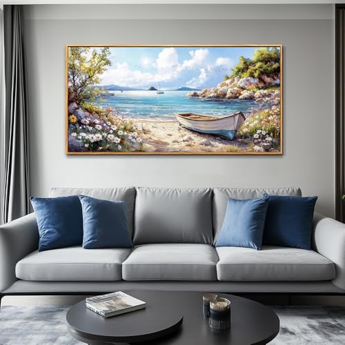 PHAOHUAXM Wall Decor For Living Room Canvas Wall Art For Bedroom Office Print Marine Landscape Paintings Wood Framed Murals Artwork For Modern Stretched and Framed Beach Posters Home Decor 20"X40"