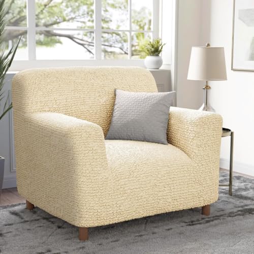 Image of Bellissima Sofa Covers - Premium Luxury Microfibra Plain Stretchable Sofa Cover Single Seater Fully Covered Slipcover, Imported from Italy (Vanilla)