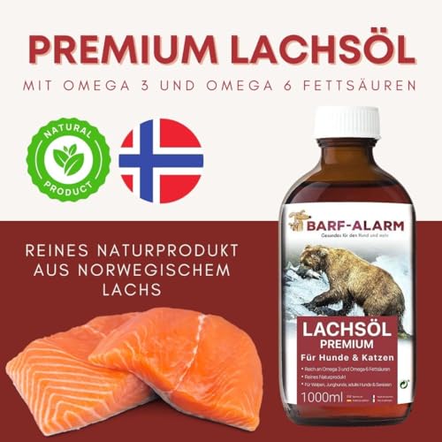 1 Liter Premium Lachsöl für Hunde mit Omega 3 und Omega 6 Fettsäuren – Fischöl für den Hund & Katze – Barf Lachs für Welpen Adulte Senioren, Katzen & Sporthunde