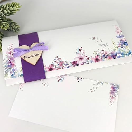 Pochette billet mariage – Carte enveloppe Félicitations avec cœur en bois – Cadeau élégant pour jeune mariés – Emballage billet ou chèque – Fait main – Motif floral aquarelle