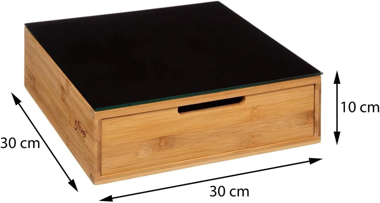 Avilia Cassetto Porta Cialde e Capsule in Bambù con Ripiano in Vetro Temperato nero, 31.5x30x10 cm, Ideale per Organizzare Caffè, Tè e Tisane