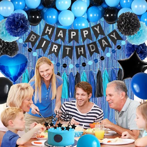 Blue and Black Happy Birthday Party Decorations kit for Boys Men Women with Happy Birthday Banner, Fringe Curtain,Foil Balloons,Cake Topper for birthday decor (blue black) - Image 6