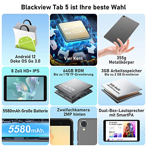 Blackview Tab 5 Android 12, Tablet 8 Zoll, 5GB RAM 64GB ROM (1TB erweitern) 5580mAh Akku,Quad-core,1280 * 800 HD+ IPS Touchscreen,WiFi,Bluetooth/eBook Modus/Typ-C/dual Box Speakers/OTG,Tablet Grey – Bild 3