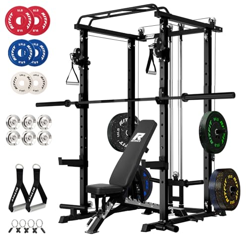 Image of RitFit Multi-Function Garage & Home Gym Package Includes 1200LBS Power Cage PPC03 /P3 with Cable Crossover System, Weight Bench, Olympic Barbell Weight Set, Full Body Workout