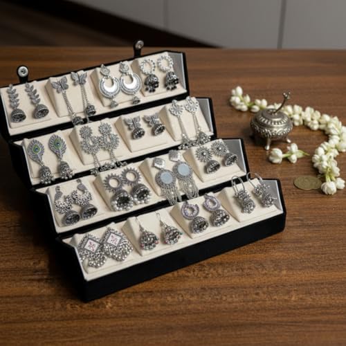 Image of Oxidised Silver Jhumki Earrings Gift Hamper | Set of 16 Traditional Jhumkas with Folder-Style Jewellery Organizer | Ethnic Earrings Combo for Women & Girls | Perfect for Festive & Wedding Gifting