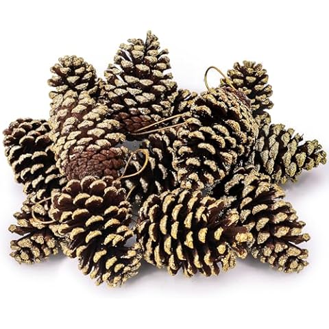 JOHOUSE 12PCS Natural Pine Cones, 4.5 Inch Christmas Gold Glitter Pinecones with Hanging Rope, Gold Pine Cones for Christmas Tree, Holiday Wreath Ornaments, DIY Craft Decorations, Winter Vase Filler Cover