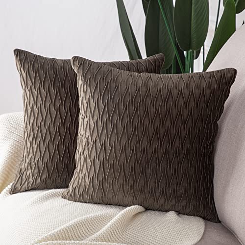 Madizz Pack of 2 Super Soft Velvet Decorative Cushion Covers with Texture Luxury Style Throw Pillow Cases Pillow Shell for Sofa Bedroom Square Brown 22x22 inch - Image 2