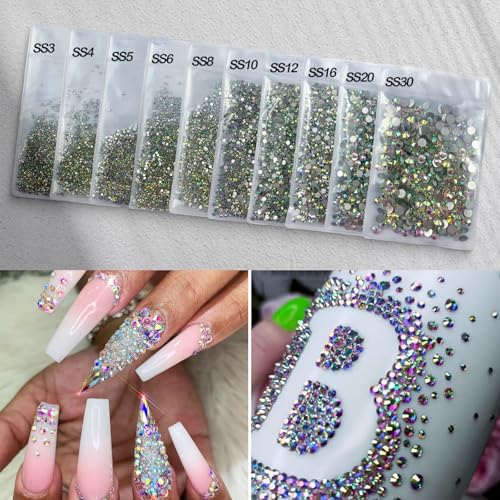 Flatback Glass Crystals Rhinestones for Nails AB Gems Stones Beads Nail Art Rhinestones for Decoration Accessories Crafts Eye Makeup Clothes Shoes (SS10)