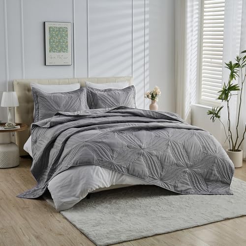 Image of Kingnex Oversized King Bedspreads 128x120 for Tall King or Cal King Bed Ultrasonic Quilted Coverlet Set 3 Piece Include 1 Extra Wide Quilt 2 Pillowcases Grey