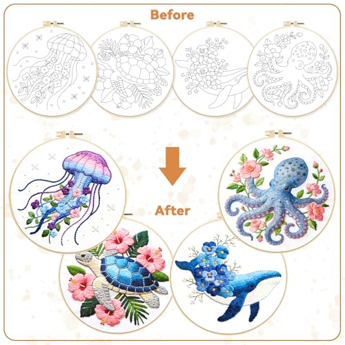 Image of BEUNITONE 4 Pack Beginner Embroidery Kit for Adults, Marine Animals Flowers Pre-Stamped Pattern Needlepoint Kits with Hoops & Instruction, Handmade Embroidery Kits for Fabric and Home Decor 7.9x7.9