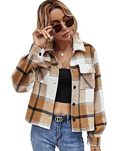 Women's Casual Flannel Wool Blend Plaid Shacket Long Sleeve Single Breasted Button Short Jackets Coat