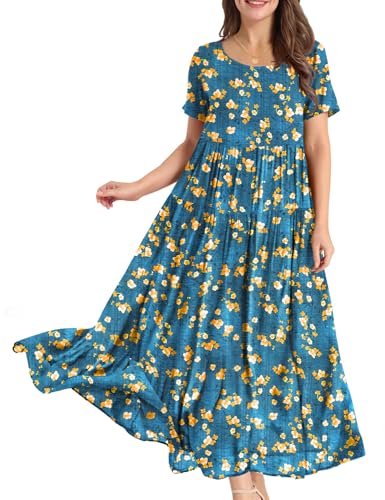 Image of YESNO Women Casual Loose Bohemian Floral Dress with Pockets Short Sleeve Long Maxi Summer Beach Swing Dress EJF
