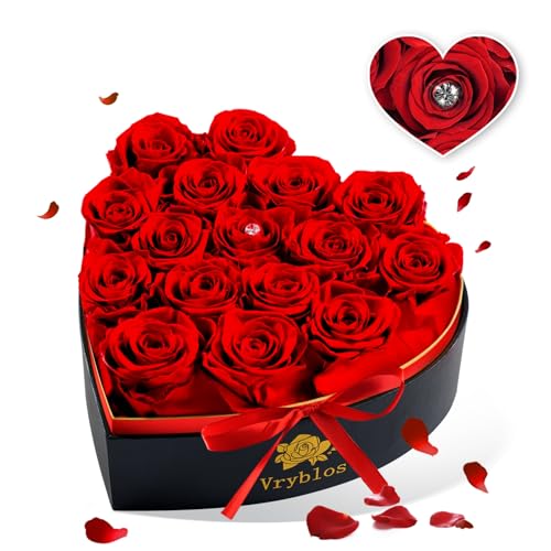 Forever Red Roses in a Heart Shaped Box 16 Preserved Flowers for Delivery 100% Real Quality Immortal Flower Eternal Birthday Graduation Gifts Home Deco for Her Mom Women Wife Girlfriend (Heart-Red)