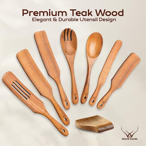 Image of 7Pcs Wooden Spurtle Set - Teak Kitchen Utensils for Mixing, Stirring, Sourdough & Scraping - Nonstick Safe Spatula Set with Long Handle for Cast Iron, Oatmeal & Baking - Wooden Spoons for cooking