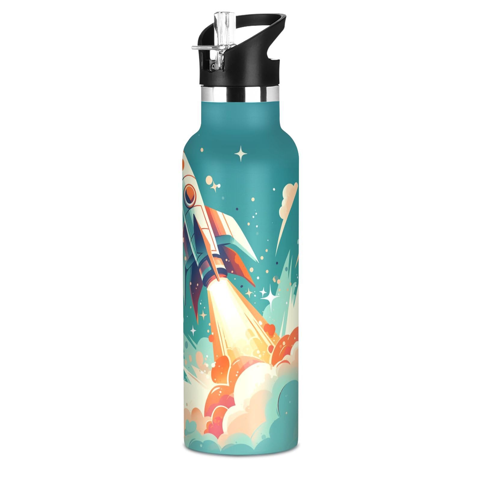 Kaaviyo Boys Pattern Dynamic Rocket Colorful Sky Water Bottle Stainless Steel Jug Insulated Vacuum Cup For Girls(600Ml)