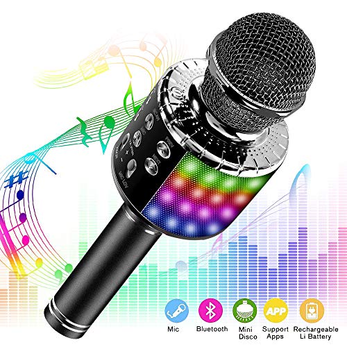 Phiraggit Micrófono Karaoke Bluetooth, Microfono Inalámbrico Karaoke Portátil con Altavoz y LED para Niños Canta Partido Musica, Compatible con Android/iOS PC, AUX o Teléfono Inteligente (Negro)