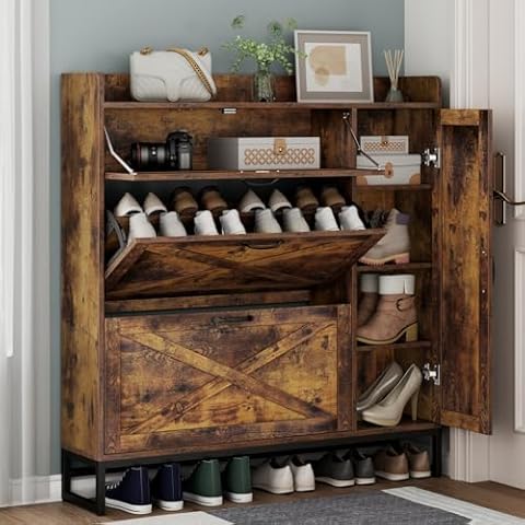 Auromie Shoe Storage Cabinet, Free Standing Shoe Organizer with 2 Flip Drawers, Shoe Rack with Adjustable Side Cabinet, Entryway Narrow Shoe Storage with Door for Hallway, Living Room (Rustic Plus) Cover