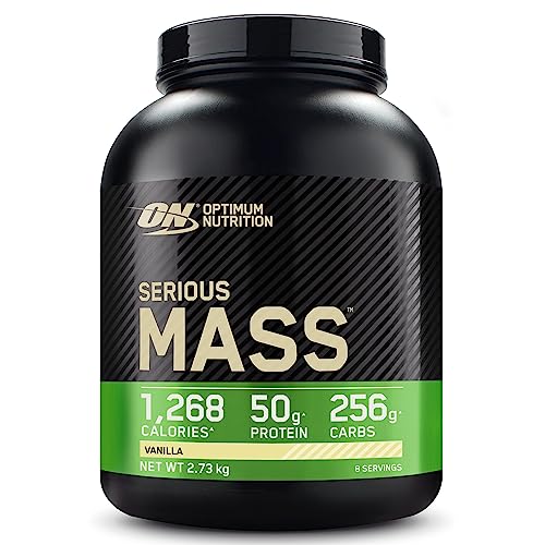 Optimum Nutrition Serious Mass Proteína en Polvo Alta en Calorías, Ganador de Masa Muscular con 25 Vitaminas y Minerales, Monohidrato de Creatina y Glutamina, Sabor Vainilla, 8 Dosis, 2,73 kg