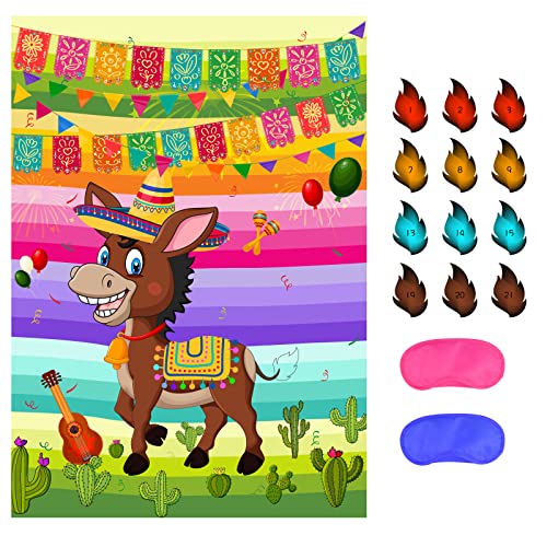 NEBURORA Pin The Tail on The Donkey Mexican Donkey Game with 24Pcs Tails Cinco De Mayo Party Mexican Party Fiesta Themed Taco Party Decorations Kids Birthday Supplies