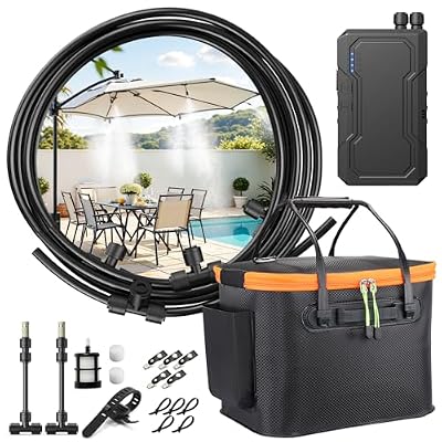 Ausic Portable Misting System for Outside Patio, Outdoor Water Cooling Mister with Battery Powered Pump (Max 8Hrs), 20L Bucket, 26FT Hose, Patio Misters for Tailgating, Pasture, Camping, Canopy, Sport
