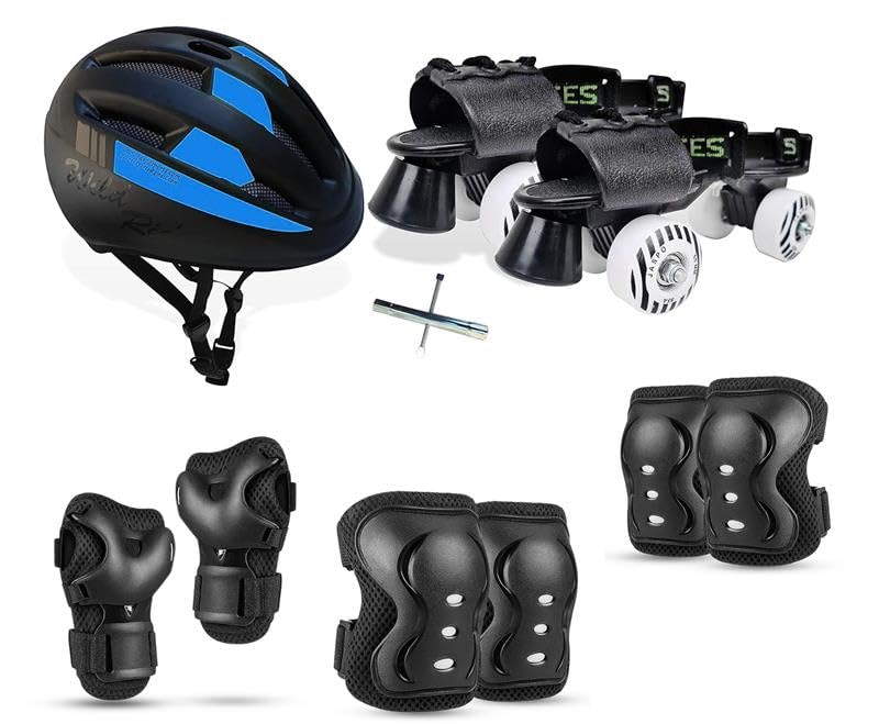 jaspo Unisex Players Pro Senior Outdoor Wheel Skates Combo (Skates+Helmet+Knee+Elbow+Wrist) Suitable For Age 6 To 14 Years, Blue