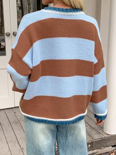Fisoew Womens Oversized Sweaters Casual Long Sleeve Striped Color Block Crewneck Knitted Loose Fall Pullover Tops4