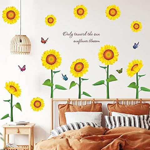 Sunflower Wall Sticker Flower Butterfly Wall Decals for Bedroom Removable Vinyl Art Decor Peel and Stick Wallpaper for Living Room TV Wall Cover