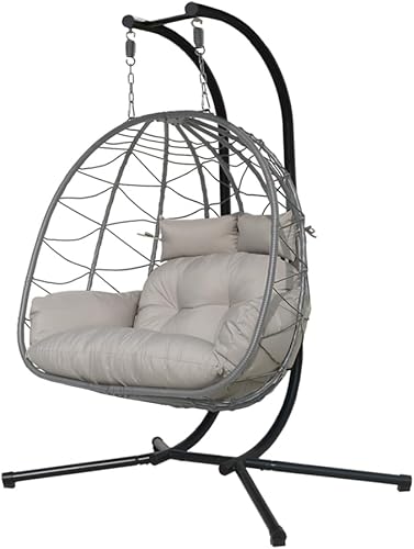 Miniatura 7 de Silla doble con soporte para patio con cojín para exteriores, impermeable, colgante, cesta de ratán de mimbre (color gris doble)