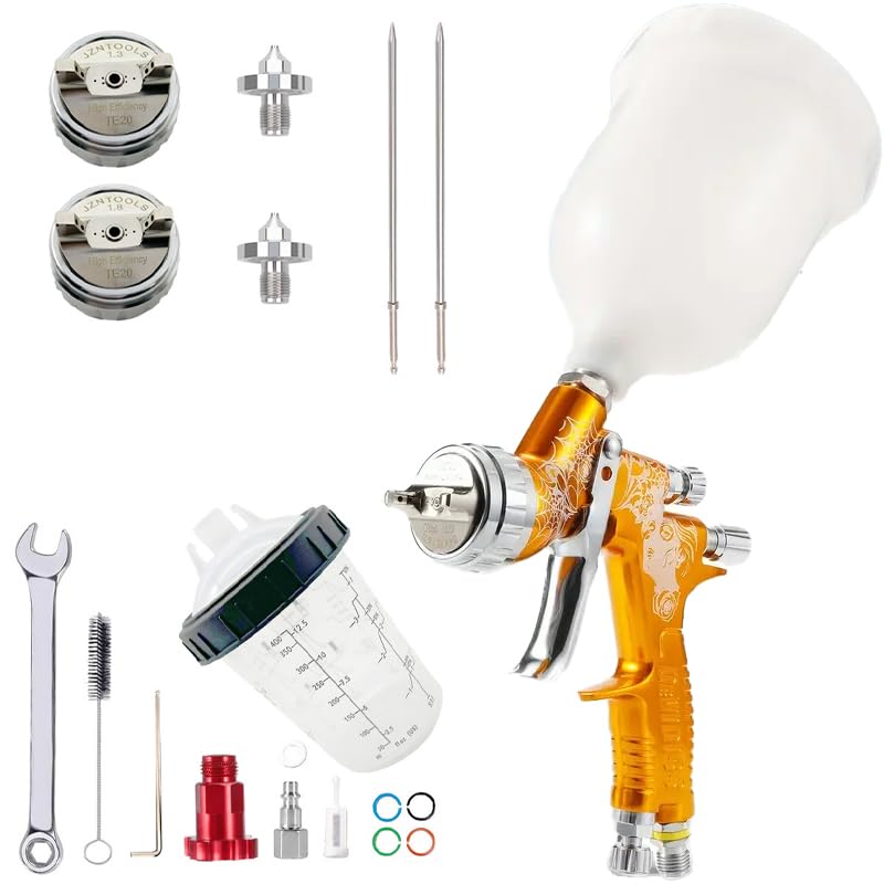 HVLP Spray Gun, 1.3 mm and 1.8 mm Stainless Steel Air Spray Gun, 600 ml and 400 ml Mixing Cup Gravity Feed Paint Sprayer for Paint and Varnish. (Gold)