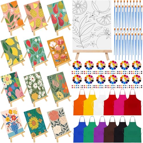 Motipuns 12 Set Flower Fruits Pre Drawn Canvas Kit Sip and Paint Canvas Painting Set for Adult Pre Printed Cute Canvas Sip and Paint Party Favor DIY Virtual Party Gifts for Painting