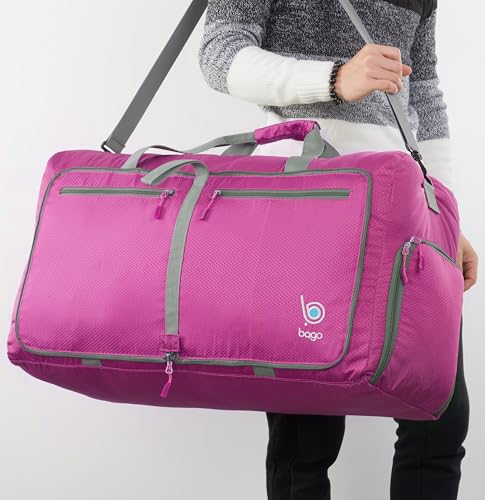 Bago Large Foldable Duffel Bags for Traveling Women & Men - 80L Packable Duffle Bag for Travel with Shoe Compartment - Water Repellant, Heavy Duty, Lightweight Folding & Collapsible (Pink)2