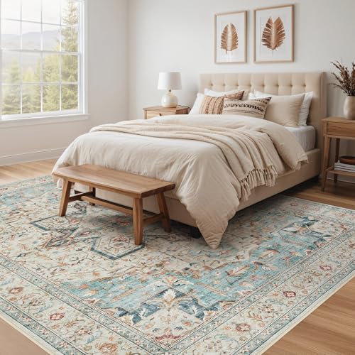 Tortania Area Rug Living Room Rugs - 8x10 Washable Boho Rug Vintage Oriental Distressed Farmhouse Large Thin Indoor Carpet for Living Room Bedroom Under Dining Table Home Office - Aqua Multi