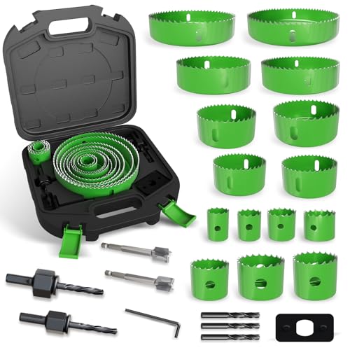 Hole Saw Set 24PCS 19-152mm Hole Cutter Set Carbon Steel Downlights Drill Bit Tools for Soft Wood Plasterboard Plastic Ultra-Sharp Teeth Quick-Change Arbor Includes Mandrel & Hex Key