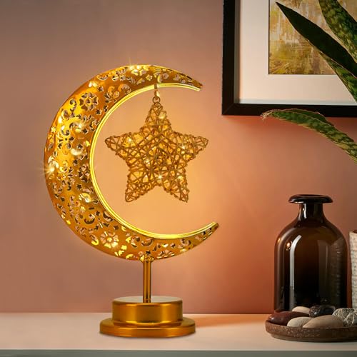 GOUTOOL Art Deco Table Lamp, Rattan Star LED Night Light, Moon Lamp with Cordless Design, Home Decor Gift for Living Room, Office, Holiday