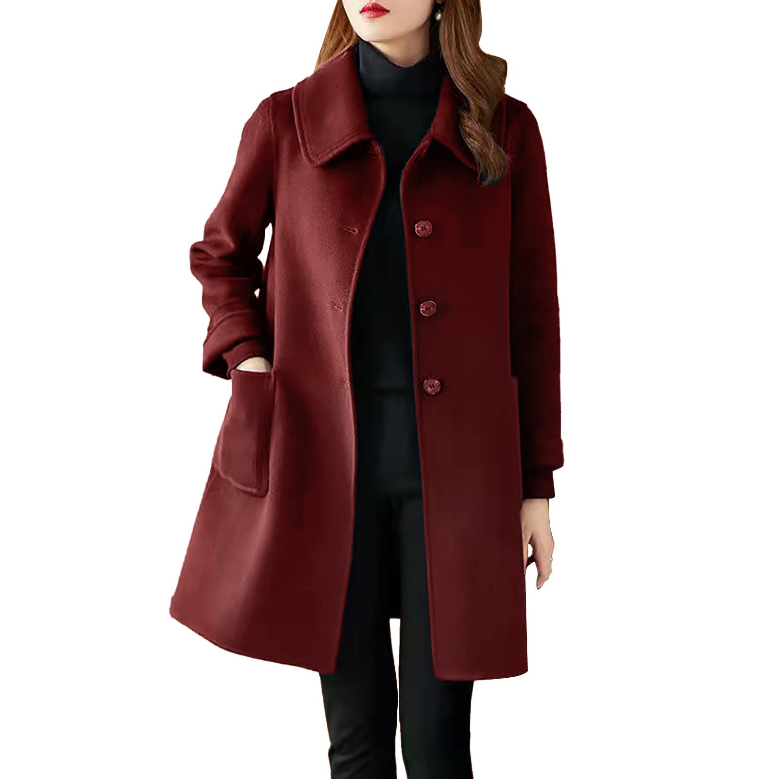 Teptdirio Women's Wine Winter Wool Coat Casual Lapel Collar Single-Breasted Peacoat Open Front Long Jackets Casual Trench Coat With Pockets