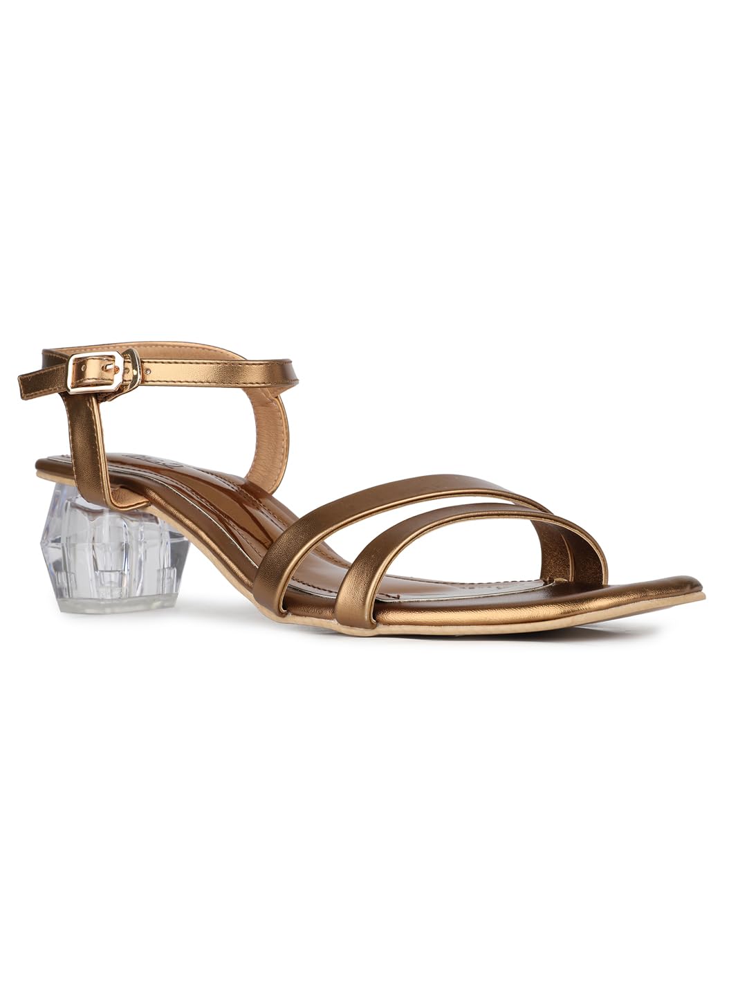 Womens Golden Striped Square Toe Block Heel Sandals Heeled-image-37