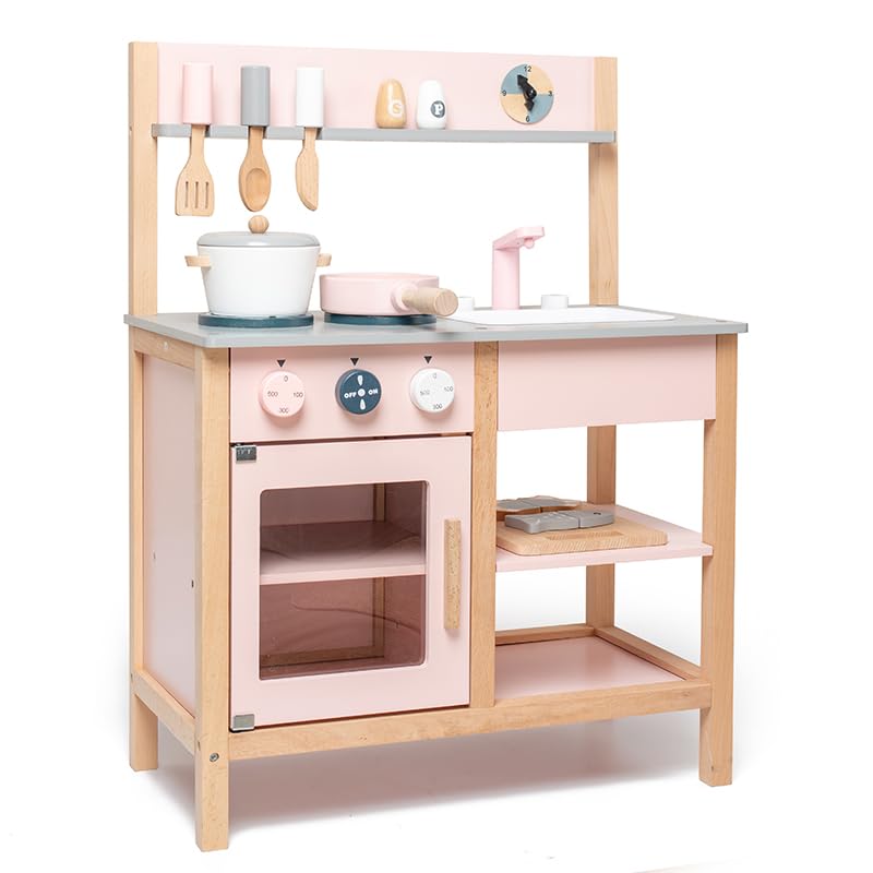 Wooden Kids Play Kitchen Set with Utensils, Stove, Oven, Sink, 22 x 12 x 36 in (Pink)