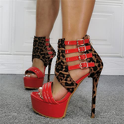 High Heels Sexy Leopardenmuster Stitching Platform Stiletto High Heels Sandalen Große Partyschuhe-Red||38 - Afbeelding 5