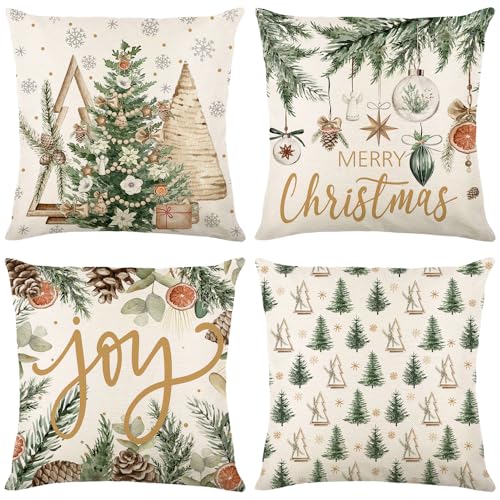 Weihnachten Kissenbezug Beige Grün, Kugeln Kiefern Eukalyptus...