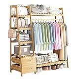 Yirunfa Kleiderständer Bambus mit 5 Ablage, Mehrzweck Offener Kleiderstange Bambus mit Doppelschublade, Verdickte Kleiderstange für Schlafzimmer Flur Wohnzimmer Maximale Belastung 100kg