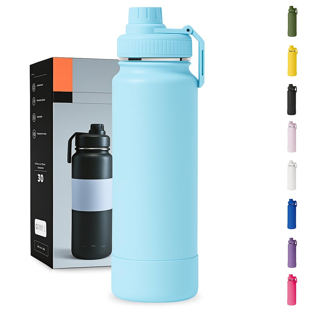 Garrafa Térmica 1000ML - Duplamente Isolada, Aço Inox 304, Base Emborrachada Anti Derrapante, Mantém Bebidas Quentes por 12 Horas e Geladas por 24 Horas (Azul Claro Slin)