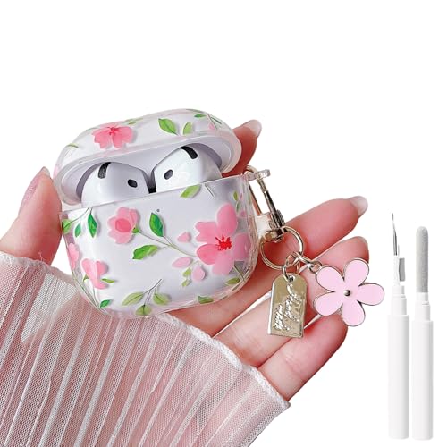 Image of MINSCOSE for AirPods 4 Clear Case,Cute Flower Plant Leaves Pattern Design with Trendy Floral Keychain,Soft TPU Protective Shockproof Case for Girls Women for Airpods 4-Pink