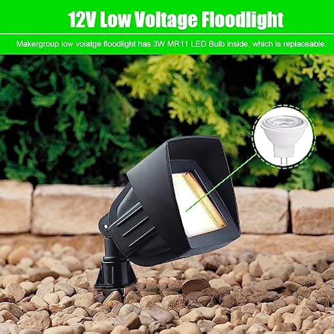 LED Flood Light Outdoor Low Voltage12V, Replaceable 3W MR11 LED Bulb Warm White 2700K-3000K, Weatherproof for Garden Yard Landscape Lighting for Walls, Trees, Plants, Signs, Security Light