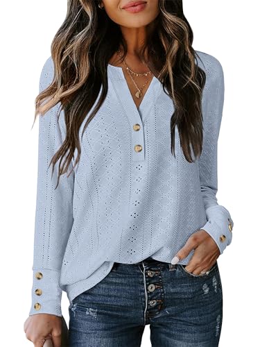 ANRABESS Womens Eyelet Tops Long Sleeve Henley Shirts Business Dressy Casual Blouse Vacation T-Shirt 2025 Fall Outfits