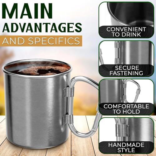 13.5 Oz Stainless Steel Camping Mug with Carabiner - Metal Camping Cup for Traveling, Lightweight and Heat-Resistant, Durable and Easy to Clean Hiking Cup, Comfortable to Hold and Drink
